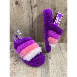UGG Women's Fluff Yeah Slide Slippers Shoes Pink Rainbow Shearling 1097169 Sz 9